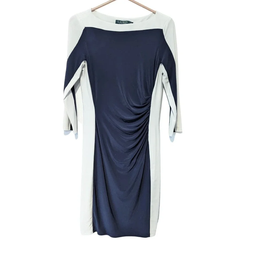 Lauren by Ralph Lauren Navy Ruched Bodycon Midi Dress Formal Office Cocktail - Picture 1 of 5